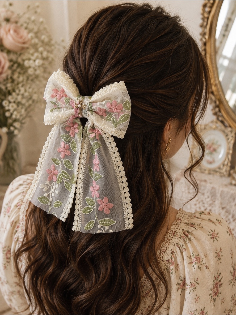 Handmade Pink Floral Lace Bow Hair Clip with Cream Trim
